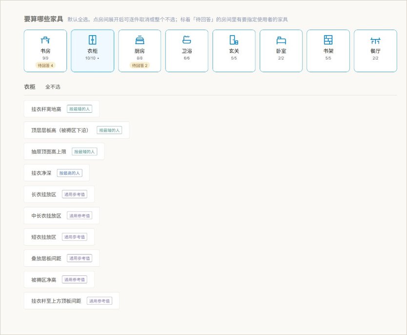 八个空间卡片,衣柜展开后列出挂衣杆、层板等项目及听谁的规则
